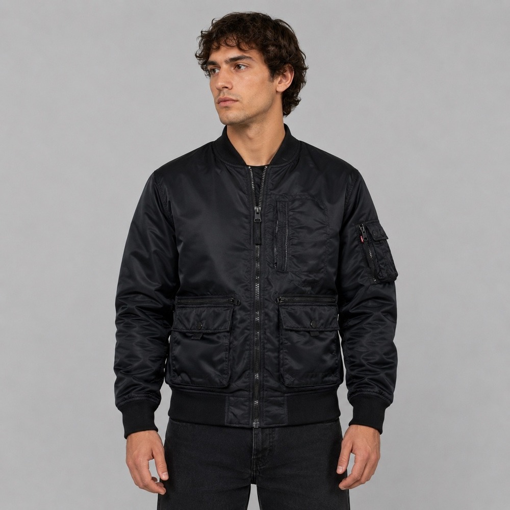 Levis Jacket Mens Medium Black MA-1 Nylon Bomber Flight Utility Coat Full Zip